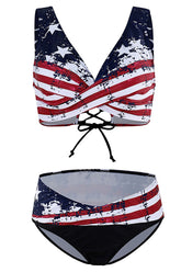 Navy American Flag Printed Wrap Front Bikinis Swimsuits