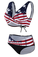 Navy American Flag Printed Wrap Front Bikinis Swimsuits