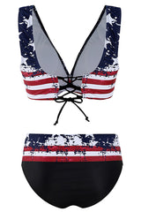 Navy American Flag Printed Wrap Front Bikinis Swimsuits