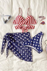 Blue Two Piece Stars Stripes Printed Wrap Front Bikinis With Cover-up Dress