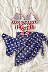 Blue Two Piece Stars Stripes Printed Wrap Front Bikinis With Cover-up Dress