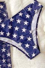 Blue Two Piece Stars Stripes Printed Wrap Front Bikinis With Cover-up Dress