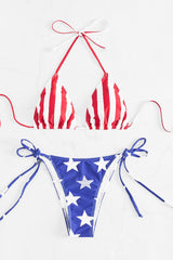 Red Stripes Stars Printed Halter Bikinis Swimsuits
