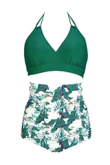 Roter zweiteiliger Bikini mit hoher Taille und Punkten