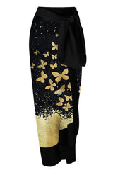 Schwarzer Strandrock mit Schmetterlings-Print im Boho-Stil, einteiliger Badeanzug