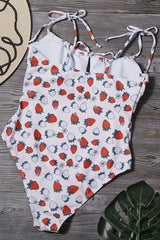 White Printed One Piece Swimsuits with Strawberries