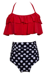 Red and Polka Dots Two Pieces Swimsuit with Ruffles