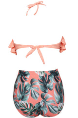 Halter Orange and Leaves Two Pieces Swimsuit