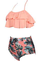 Halter Orange and Leaves Two Pieces Swimsuit