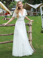 Deep V-Neck Leaf Sequin Tulle Short Sleeves Evening Dress