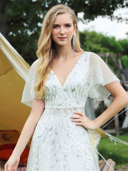 Deep V-Neck Leaf Sequin Tulle Short Sleeves Evening Dress