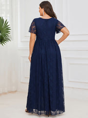 Plus Size Short Sleeve Ruffled V-Neck A-Line Lace Evening Dress