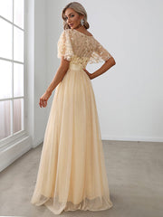 Damen A-Linie Pailletten Blatt Maxi Ballkleid mit Ärmeln