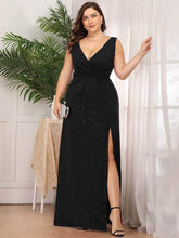 Vestido de noche formal con escote en V brillante y abertura lateral, talla grande