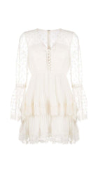 MIDIKLEID MIT BLUMENSPITZE UND STUFEN IN elfenbein