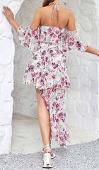 Neckholder-Kleid mit Blumenmuster, kalten Schultern und hohem, niedrigem Schnitt