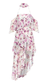 Neckholder-Kleid mit Blumenmuster, kalten Schultern und hohem, niedrigem Schnitt