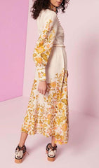 MIDIKLEID MIT BLUMENPRINT UND SEILGÜRTEL IN ELFENBEIN