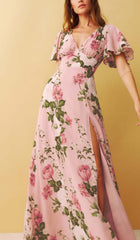 MAXIKLEID MIT BLUMENPRINT UND V-AUSSCHNITT IN PINK