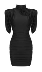 FLOWER-EMBELLISHED RUCHED MINI DRESS IN BLACK