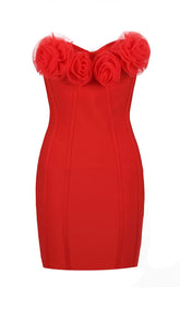 BLUMENVERZIERTES KORSETT-MIDIKLEID IN WEINROT