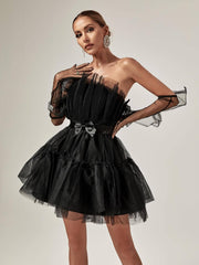 MINI VESTIDO DE MALLA SIN TIRANTES EN NEGRO