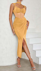 Neckholder-Bandage-Midikleid in Gelb