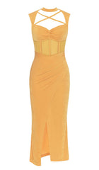 Neckholder-Bandage-Midikleid in Gelb