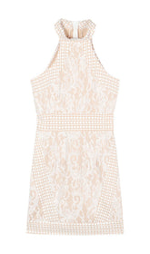 HIGH NECK CROCHET MINI DRESS IN BEIGE