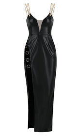 VESTIDO MIDI NEGRO CON ABERTURA ALTA Y VESTIDO EN V PROFUNDO