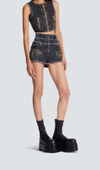 Zweiteiliges Set aus hoch tailliertem, verwaschenem Denim