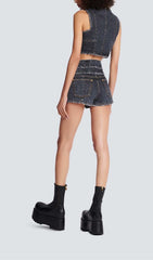 Zweiteiliges Set aus hoch tailliertem, verwaschenem Denim