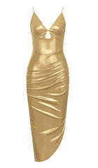 HÜFTWICKEL-MIDIKLEID MIT SCHLITZ IN GOLD