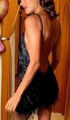 FRINGED SUSPENDER DRESS IN BLACK