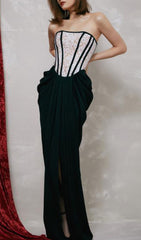 BANDEAU LACE STITCHED DRESS IN BLACK