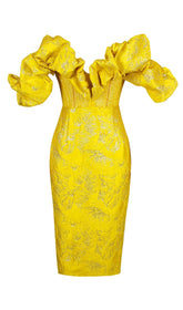 VESTIDO MIDI SIN TIRANTES DE JACQUARD EN AMARILLO