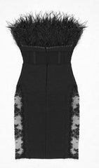 VESTIDO DE ENCAJE CON PLUMAS EN NEGRO