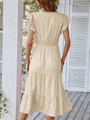 Sexy, einfarbiges, lässiges Midikleid mit V-Ausschnitt und Fliegenärmeln