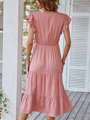 Sexy, einfarbiges, lässiges Midikleid mit V-Ausschnitt und Fliegenärmeln