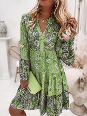 Floral Ruffle Smocked Print V Neck Casual Flare Cuff Sleeve Mini Dress