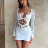 Oumeina Zada Herbst-Winter-Kleid, sexy Netz-Beflockung, durchsichtiges Cutout-Hüftkleid