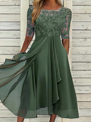 Cocktailparty Blumenstickerei Spitze Rundhals Elegantes Klassisches Midikleid