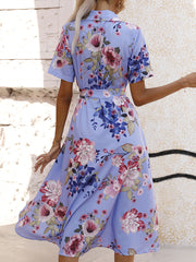 Vestido midi de manga corta con solapa y cordones estampados