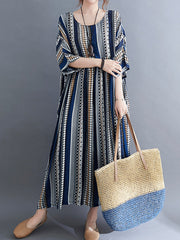 Lockeres Maxikleid mit kurzen Ärmeln und Vintage-Streifen