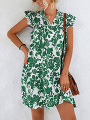 V Neck Tie Ruffle Sleeve Printed Mini Dress