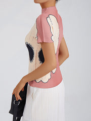 Slim Pleated Elastic Print Commuting All Match Short Sleeved T-Shirt