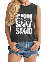 Stilvolles Lässiges Drucken Loses Bequemes Ärmelloses Tank Top Mit Rundhalsausschnitt - Juwel