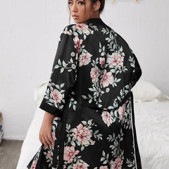 Plus Size Bathrobe Loose Casual Artificial Silk V neck Ladies Homewear Cardigan Lace up Nightgown