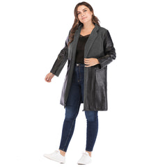 Plus Size Autumn Winter Women Clothing Black Long Stand-up Collar Slim Fit Faux Leather Coat Women Coat