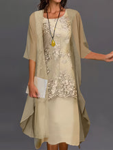 Lace Floral Embroidered Layered Patchwork Crew Neck Elegant Midi Dress